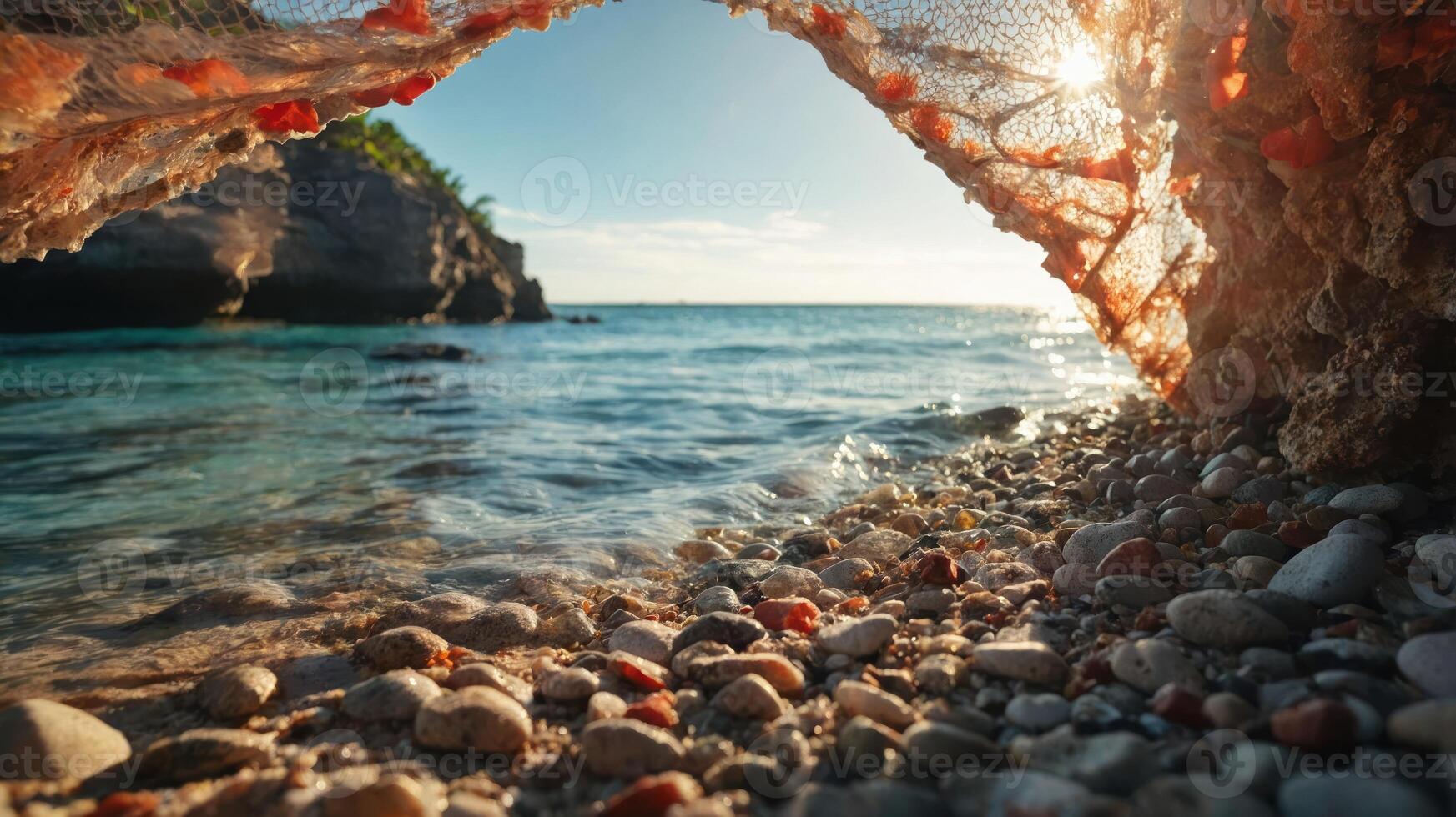 A serene beach view framed by a natural arch, showcasing pebbles and calm waters. photo