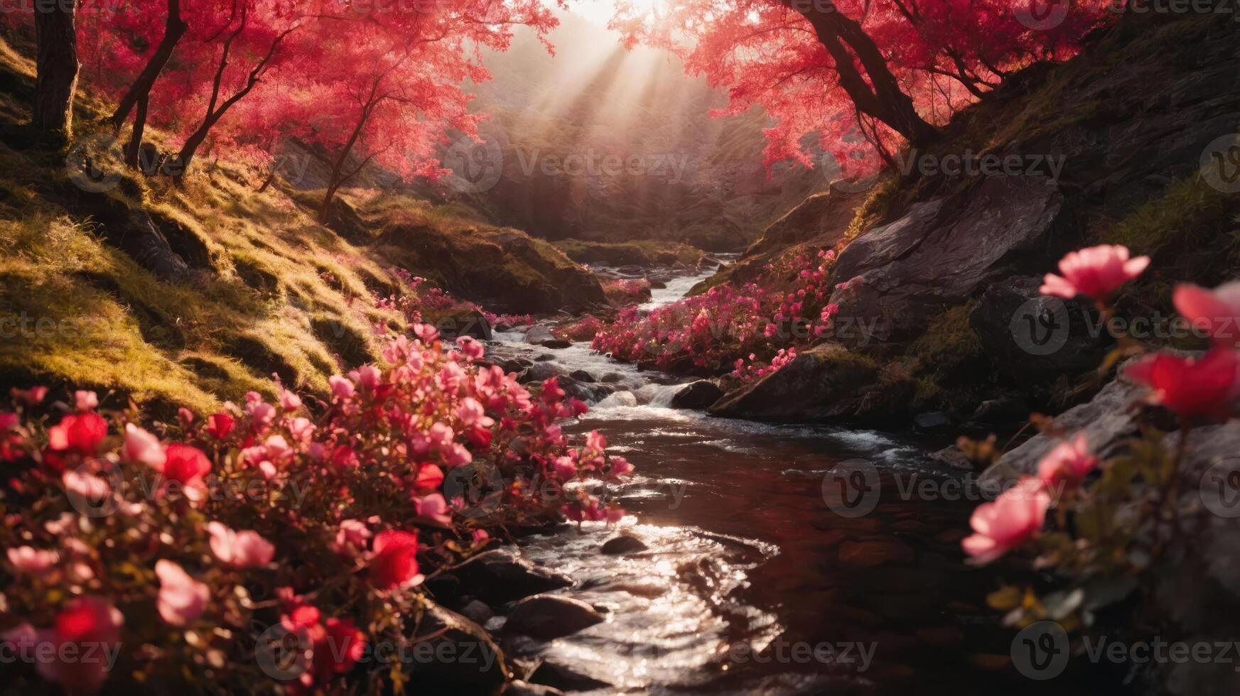 A serene landscape with a flowing stream surrounded by vibrant pink foliage and flowers. photo