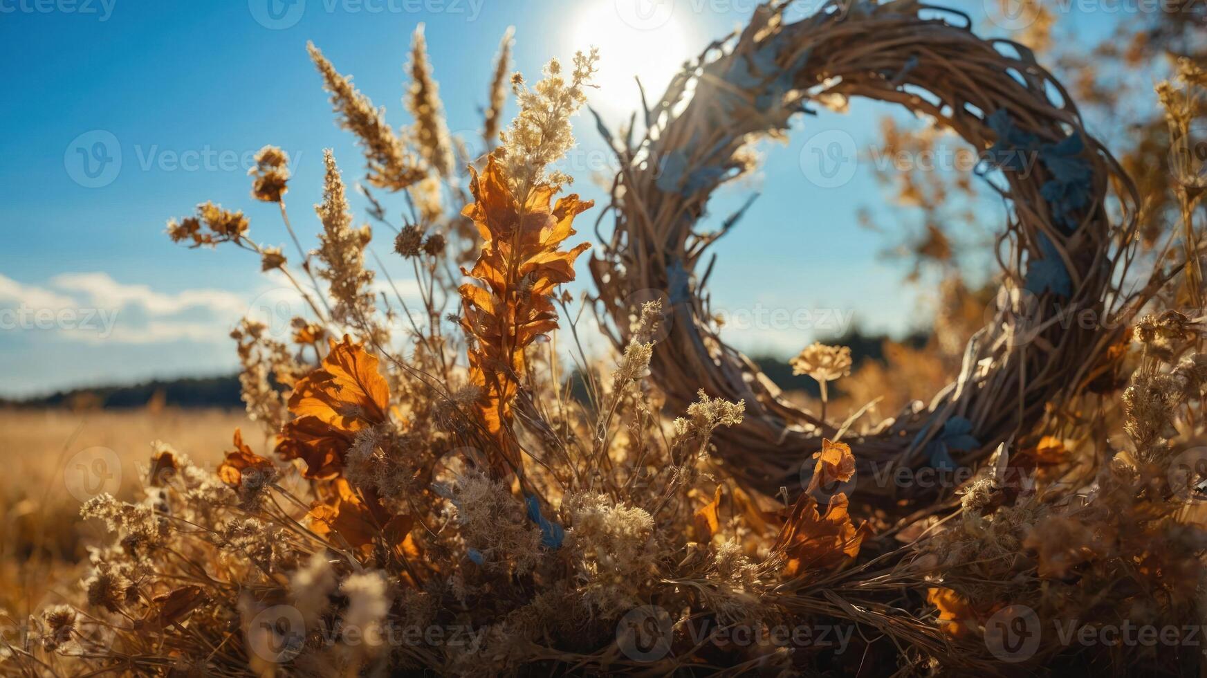 A rustic wreath surrounded by autumn foliage in a sunlit field. photo