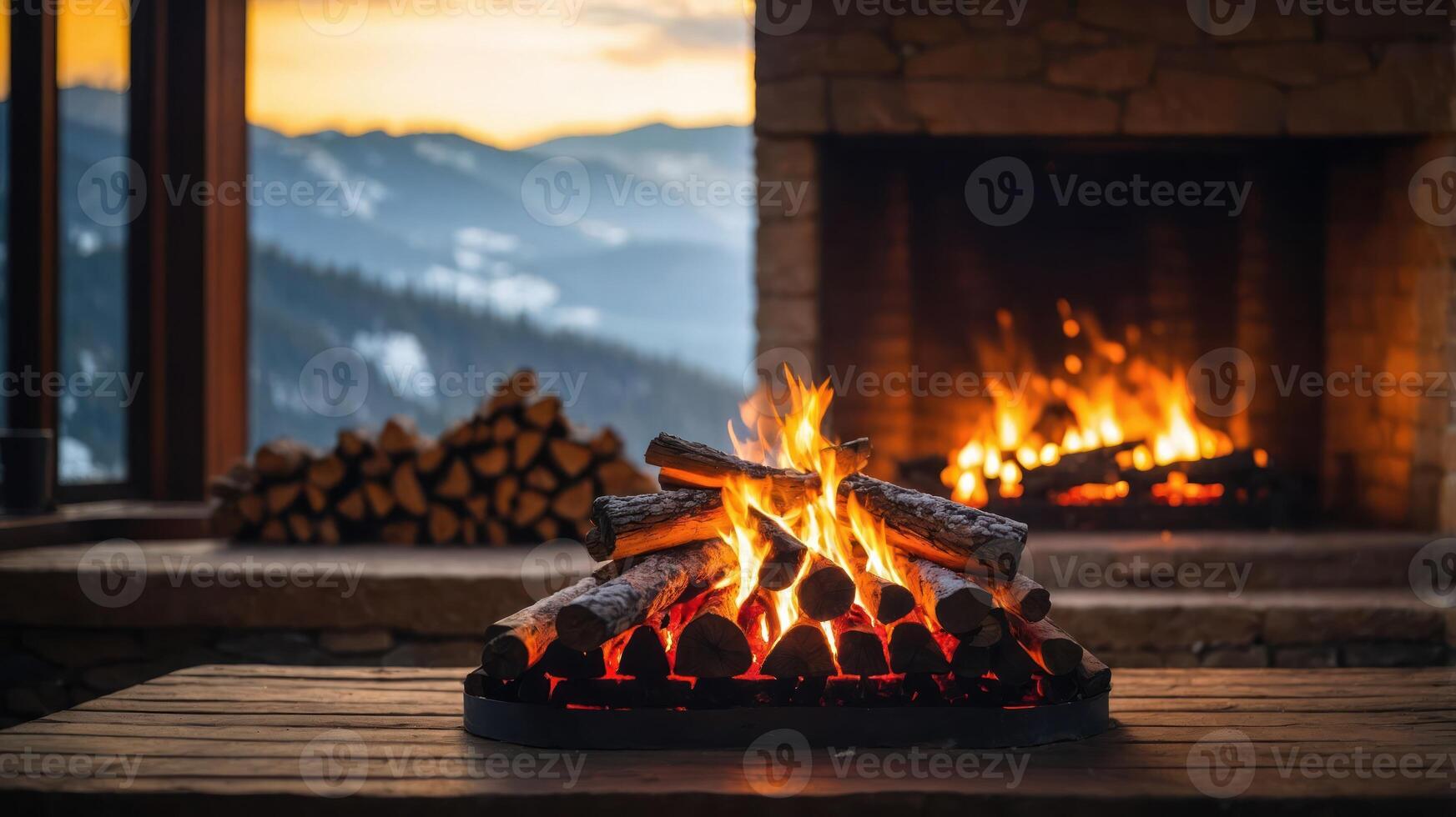 Cozy fireplace scene with logs, warm flames, and a scenic mountain backdrop. photo