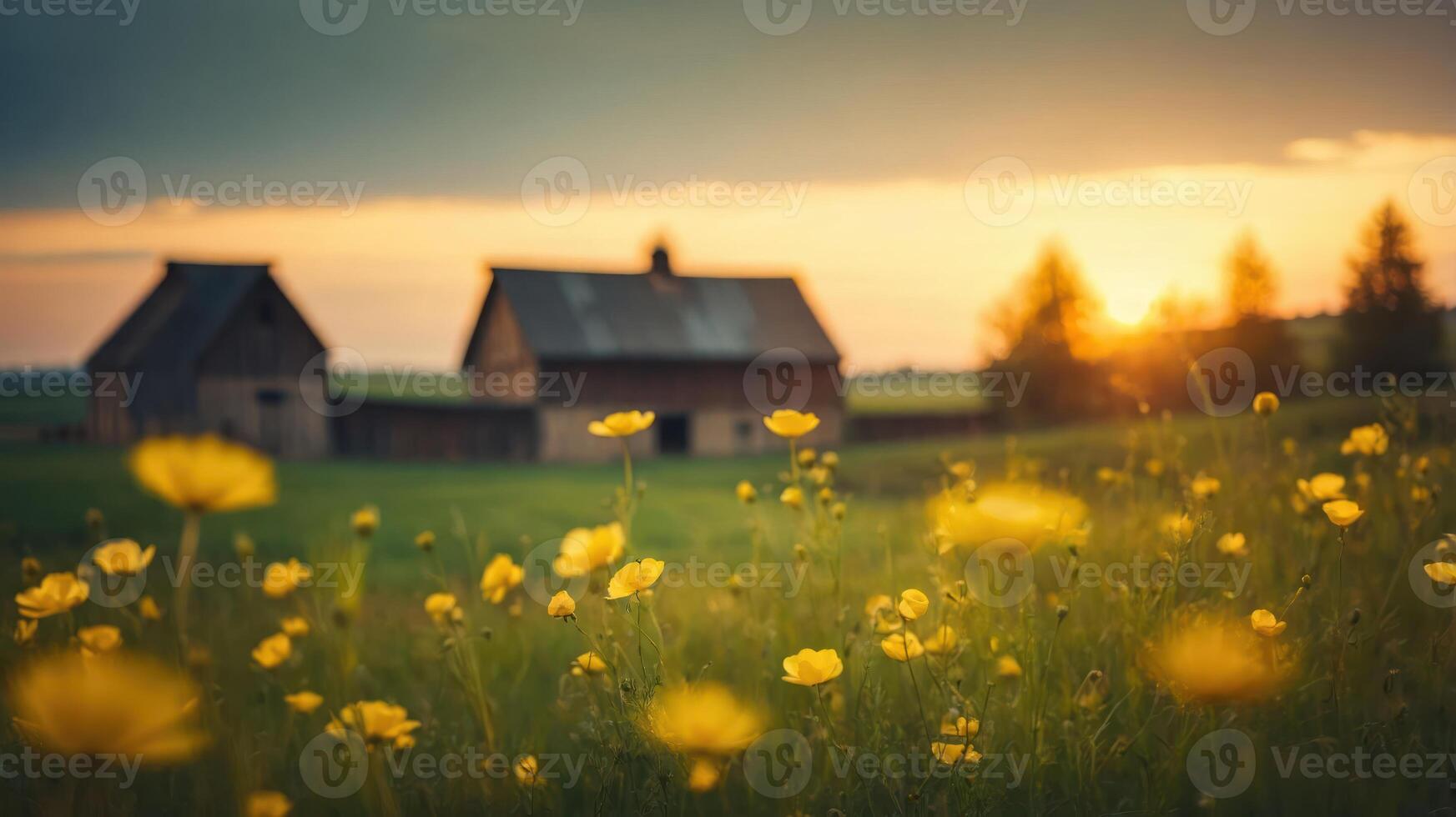 A serene sunset over a field of flowers with rustic barns in the background. photo