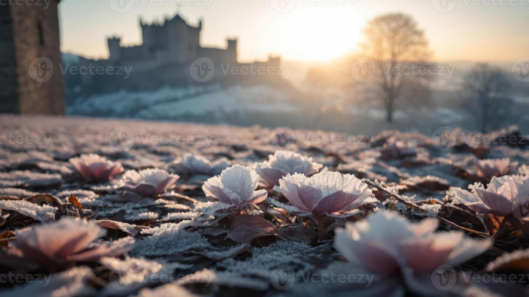A serene winter landscape with frosted flowers and a castle in the background at sunrise. photo