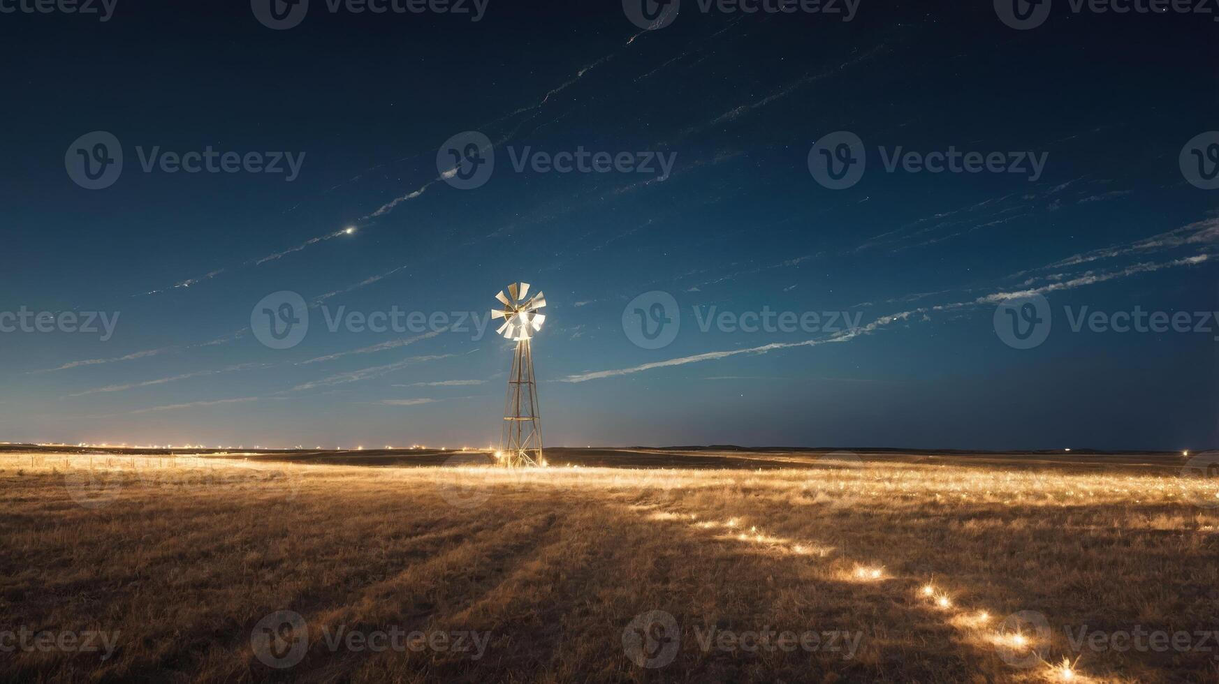 A night landscape featuring a windmill and star trails in a vast field. photo