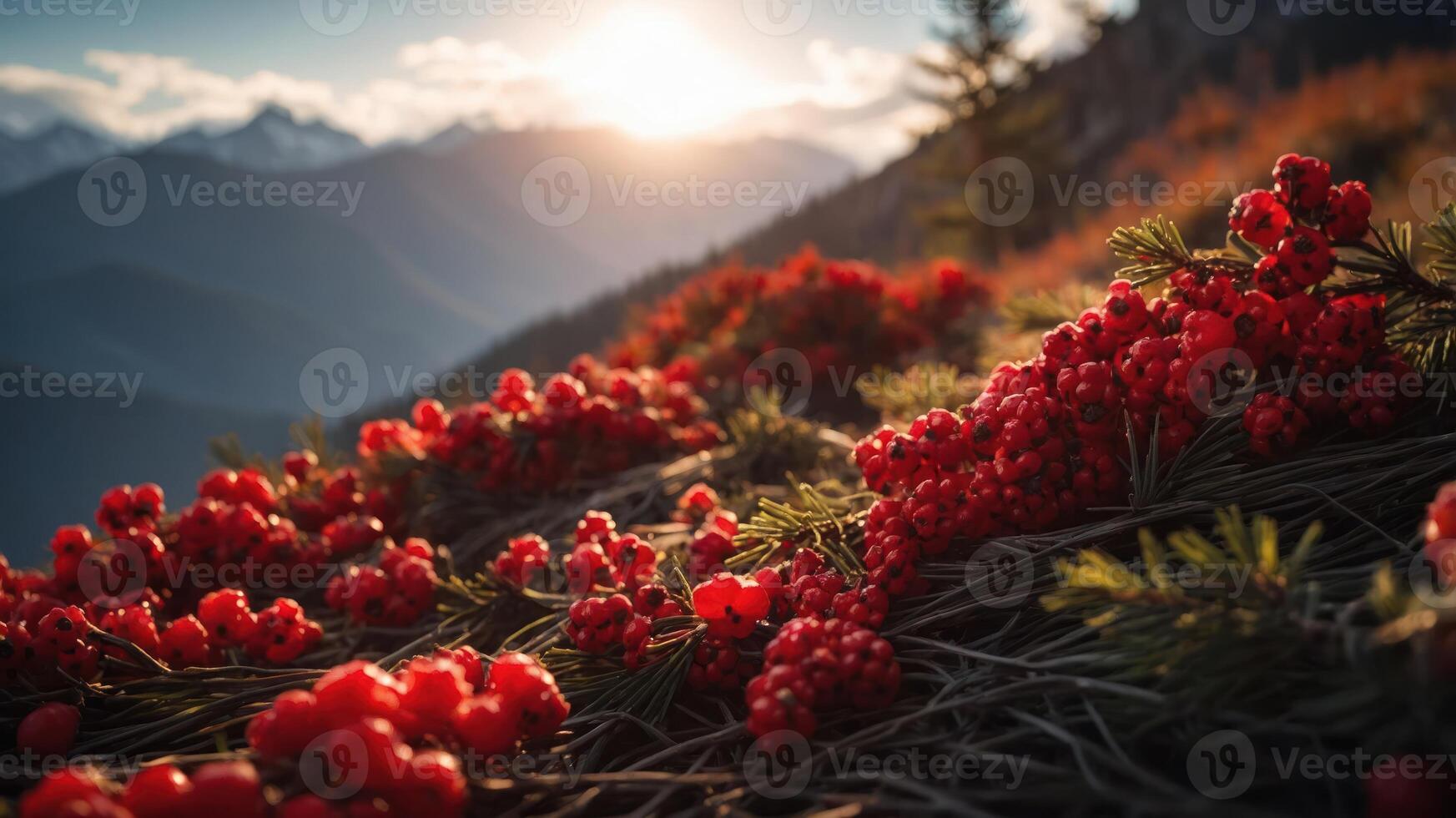 A scenic view of vibrant red berries against a mountainous backdrop at sunset. photo
