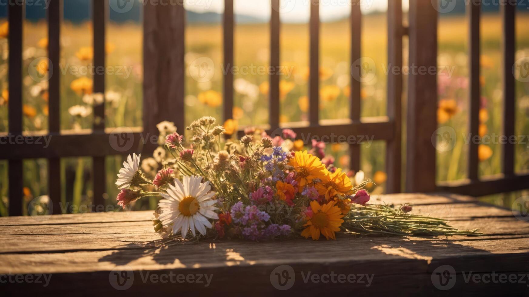 A vibrant bouquet of wildflowers rests on a wooden table, set against a sunlit field. photo