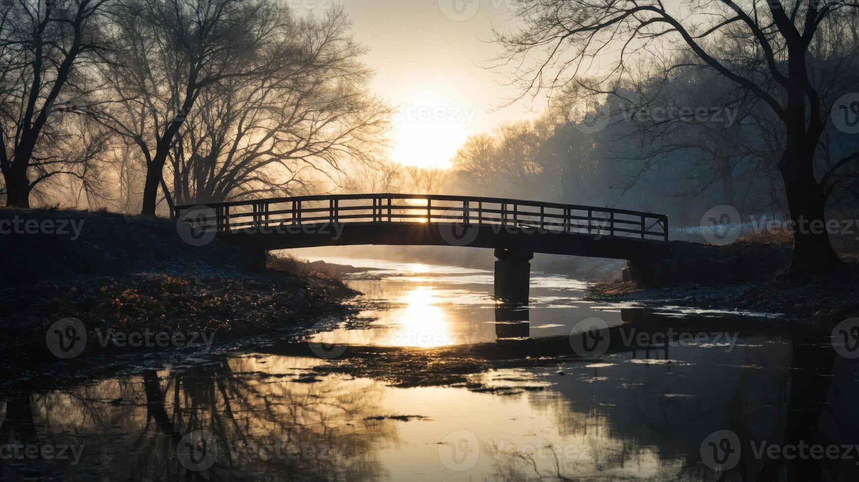 A serene sunrise over a misty river with a wooden bridge and silhouetted trees. photo