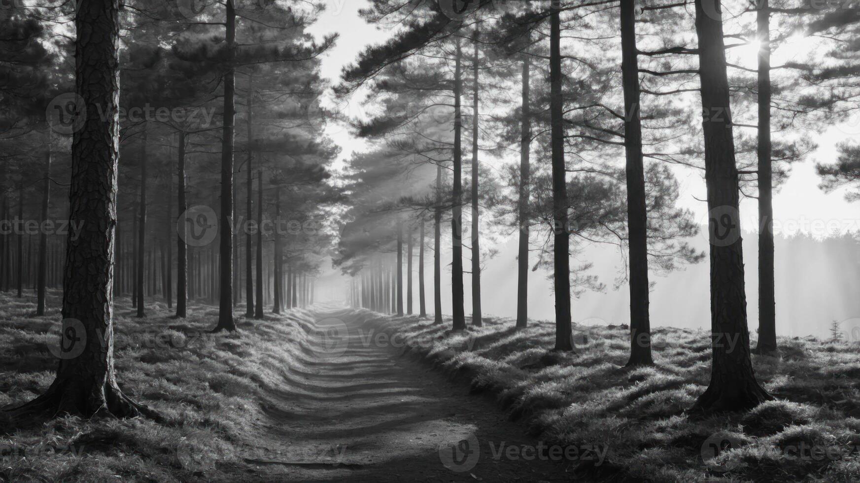 A serene black-and-white forest path lined with tall trees, evoking tranquility and reflection. photo