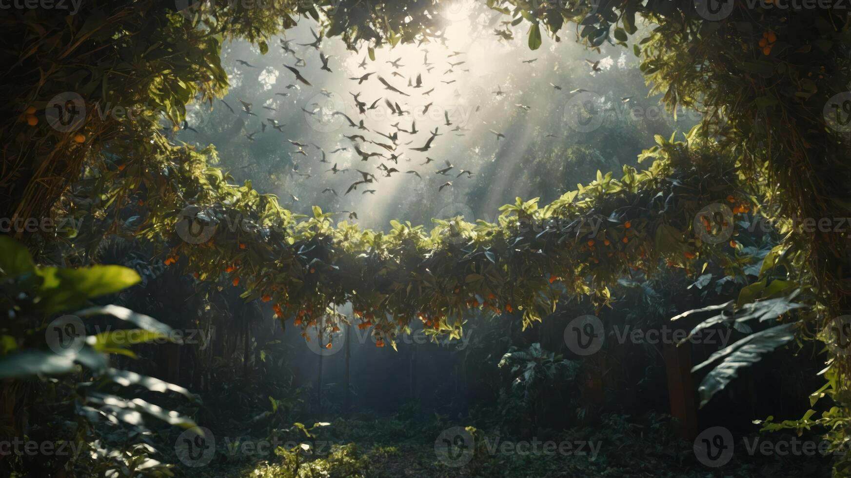 Lush forest scene with sunlight filtering through trees and bats flying in the background. photo