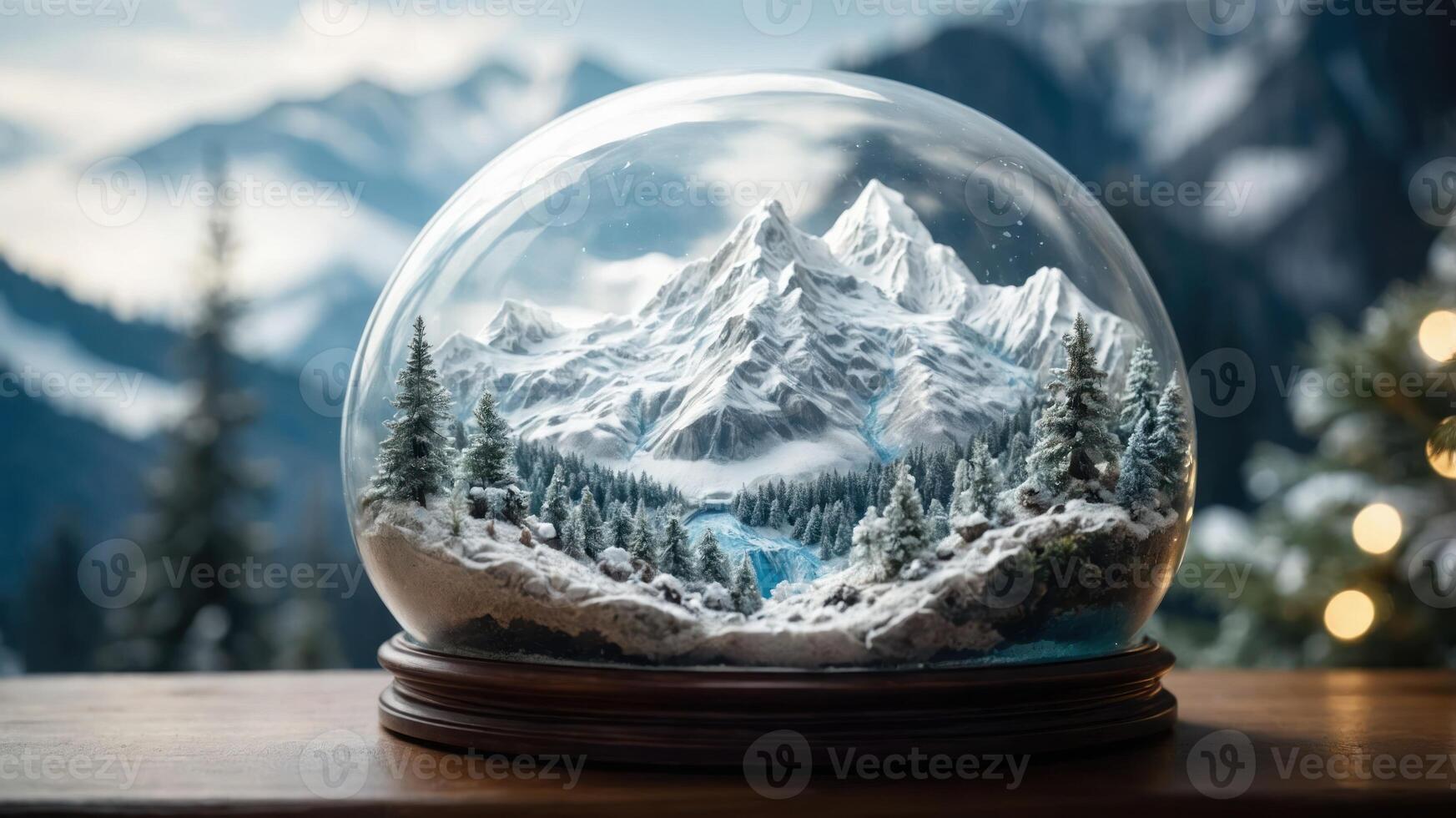 A snow globe depicting a serene mountain landscape with trees and a river. photo