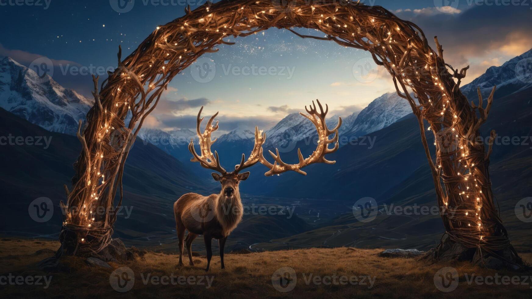 A majestic deer stands beneath a glowing archway in a serene mountain landscape. photo