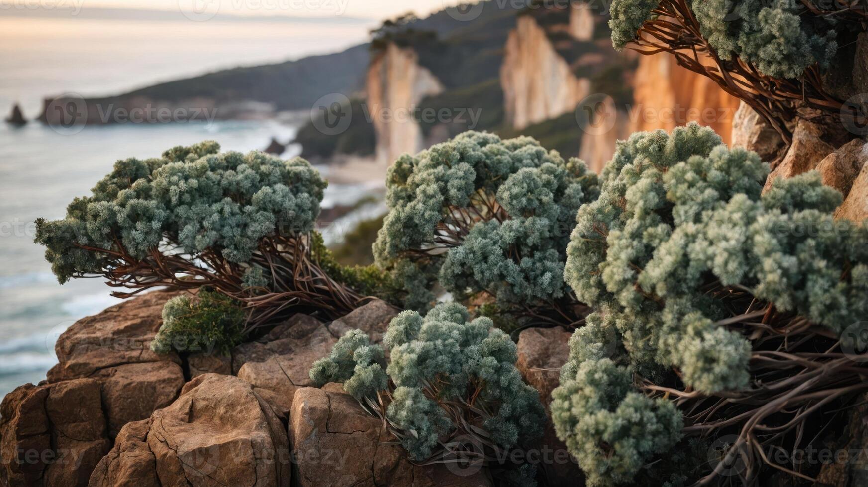 Coastal cliffs with unique shrubs overlooking the ocean during sunset. photo