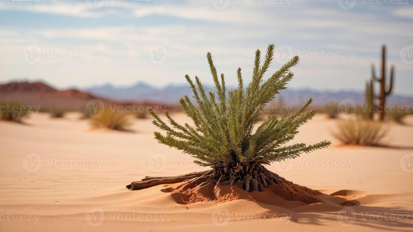 A resilient plant growing in a sandy desert landscape under a blue sky. photo