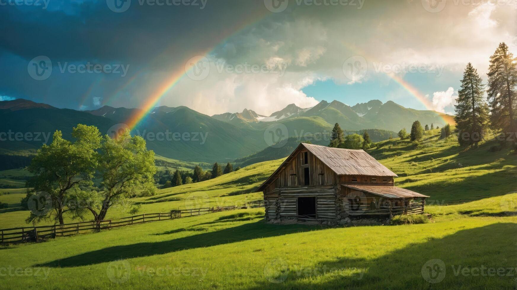 A serene landscape featuring a rustic cabin under a rainbow amidst mountains and greenery. photo