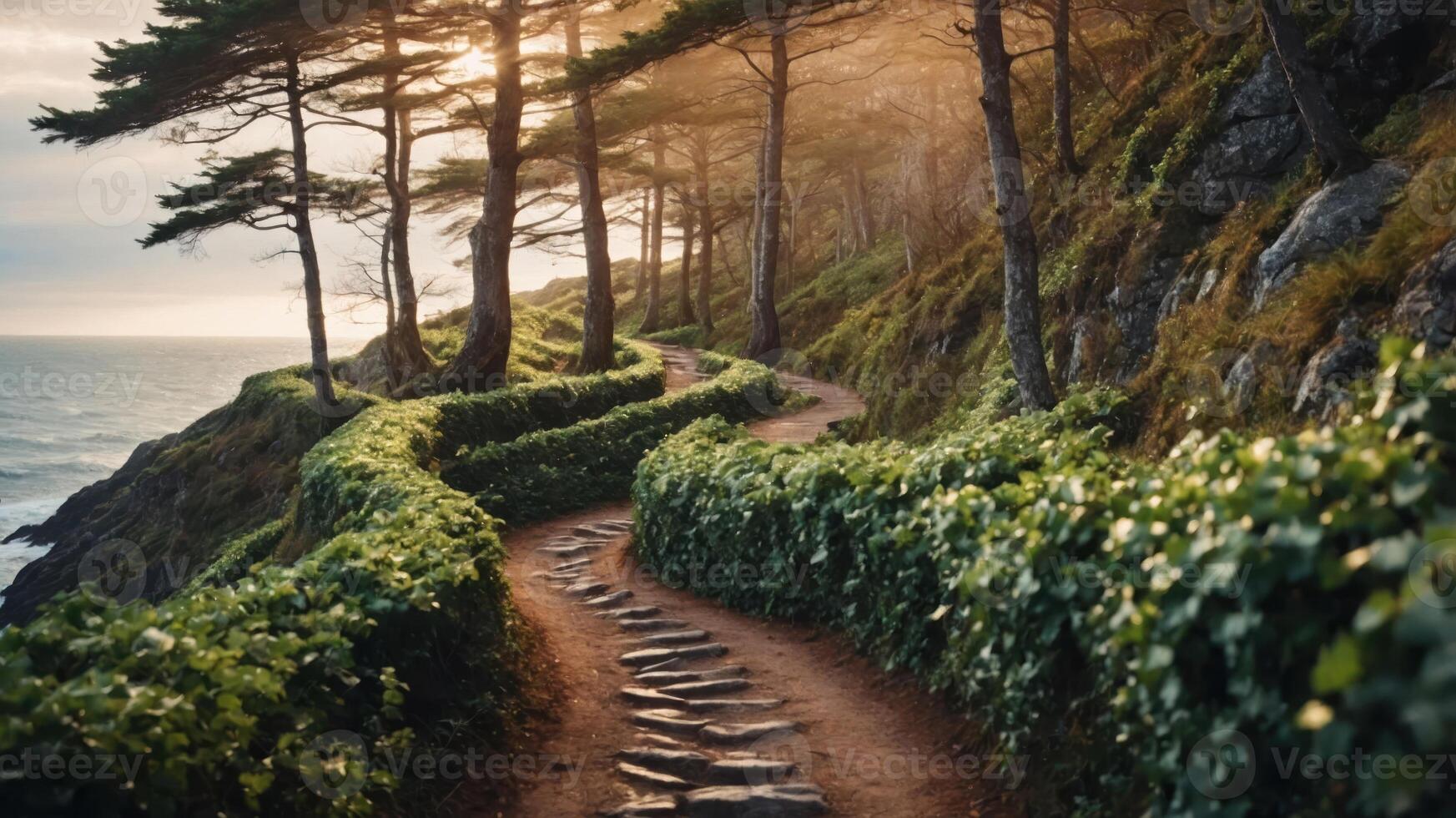 A scenic pathway lined with greenery, leading toward the ocean at sunset. photo