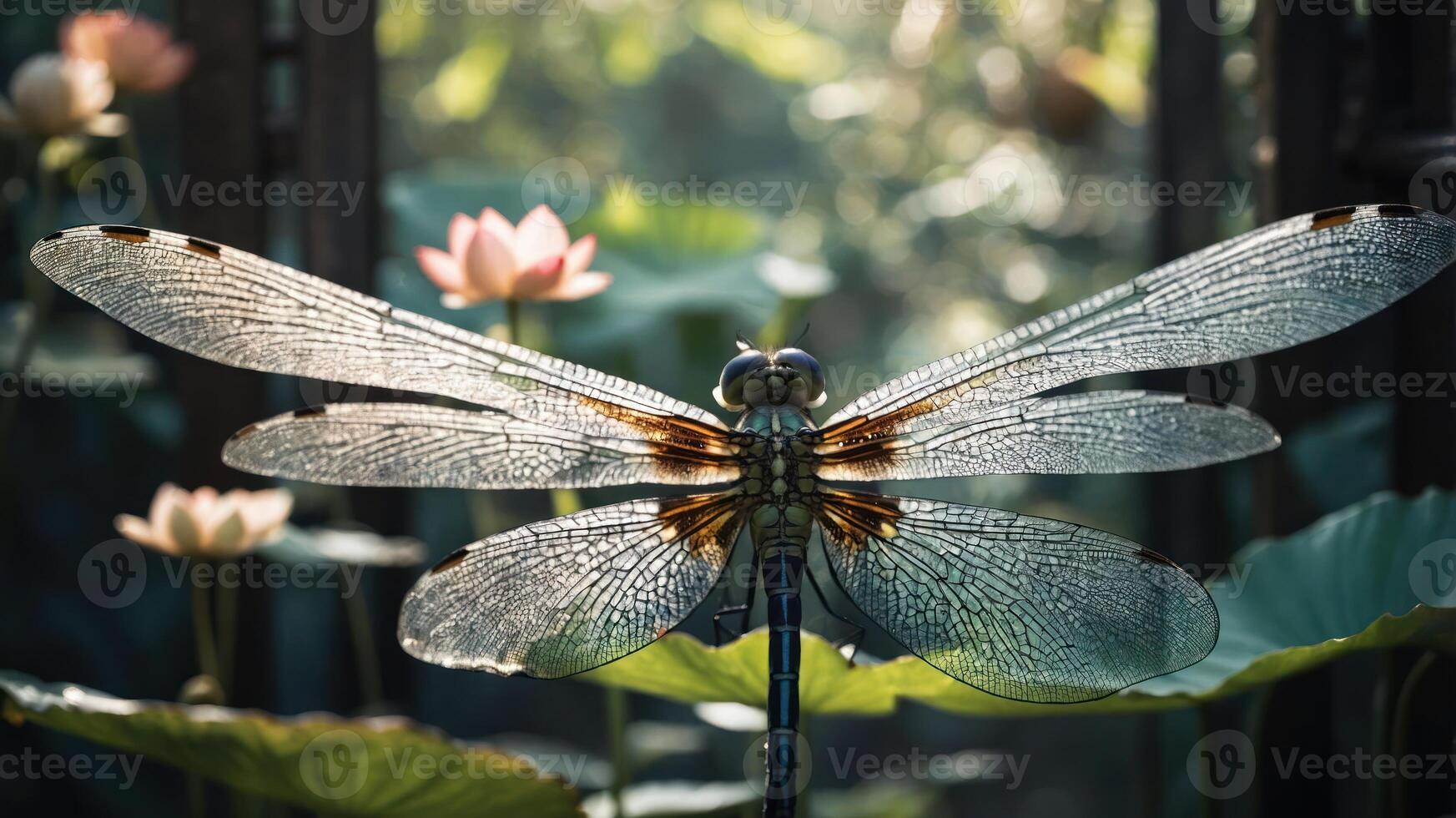 A dragonfly perched on a stem, surrounded by lotus flowers in a serene environment. photo