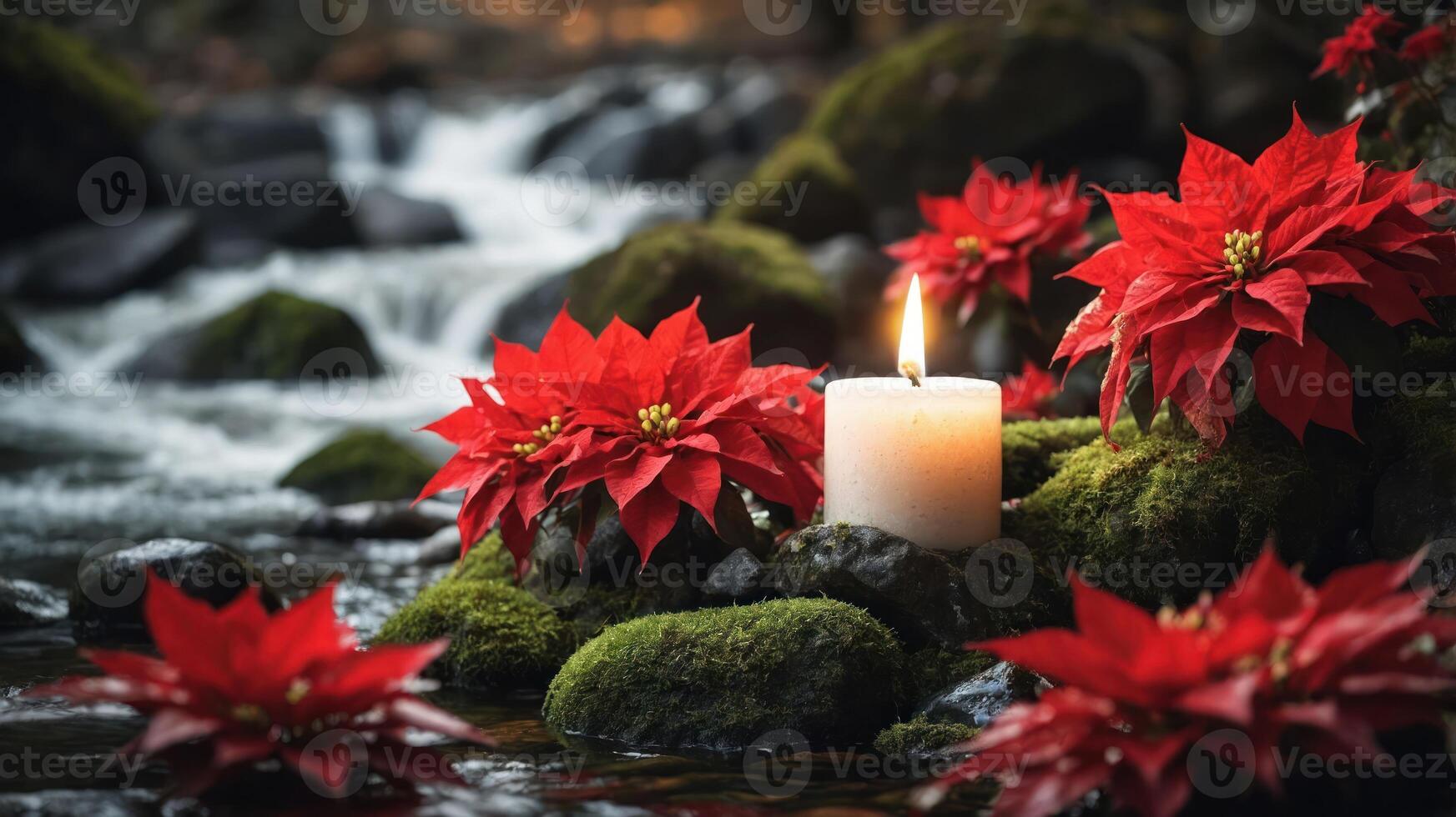 A serene scene featuring red poinsettias and a candle by a flowing stream. photo