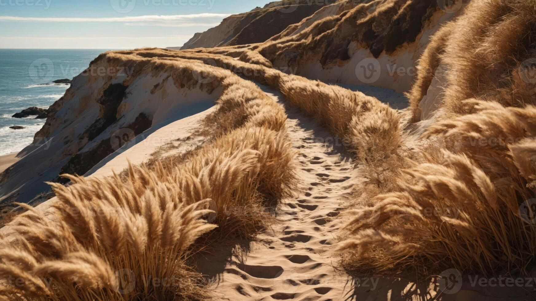 A scenic pathway through golden grass leading to the coastline under a clear blue sky. photo