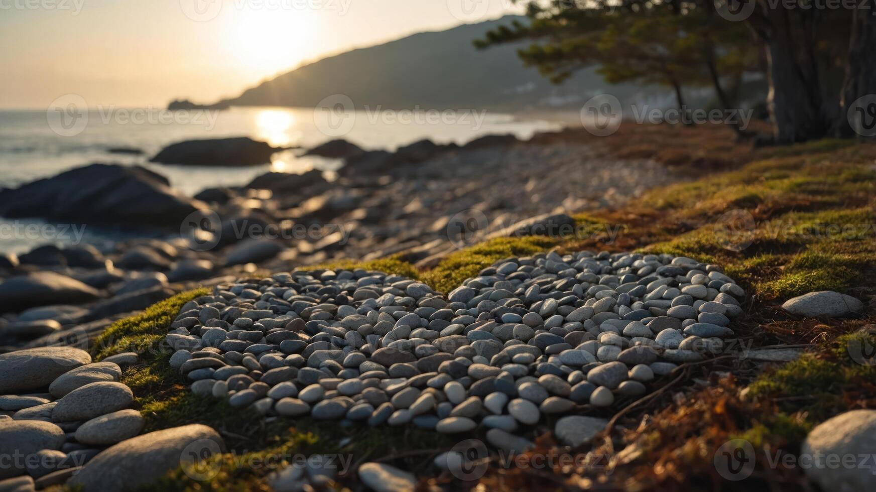 A heart-shaped arrangement of pebbles on a beach at sunset, symbolizing love and nature. photo