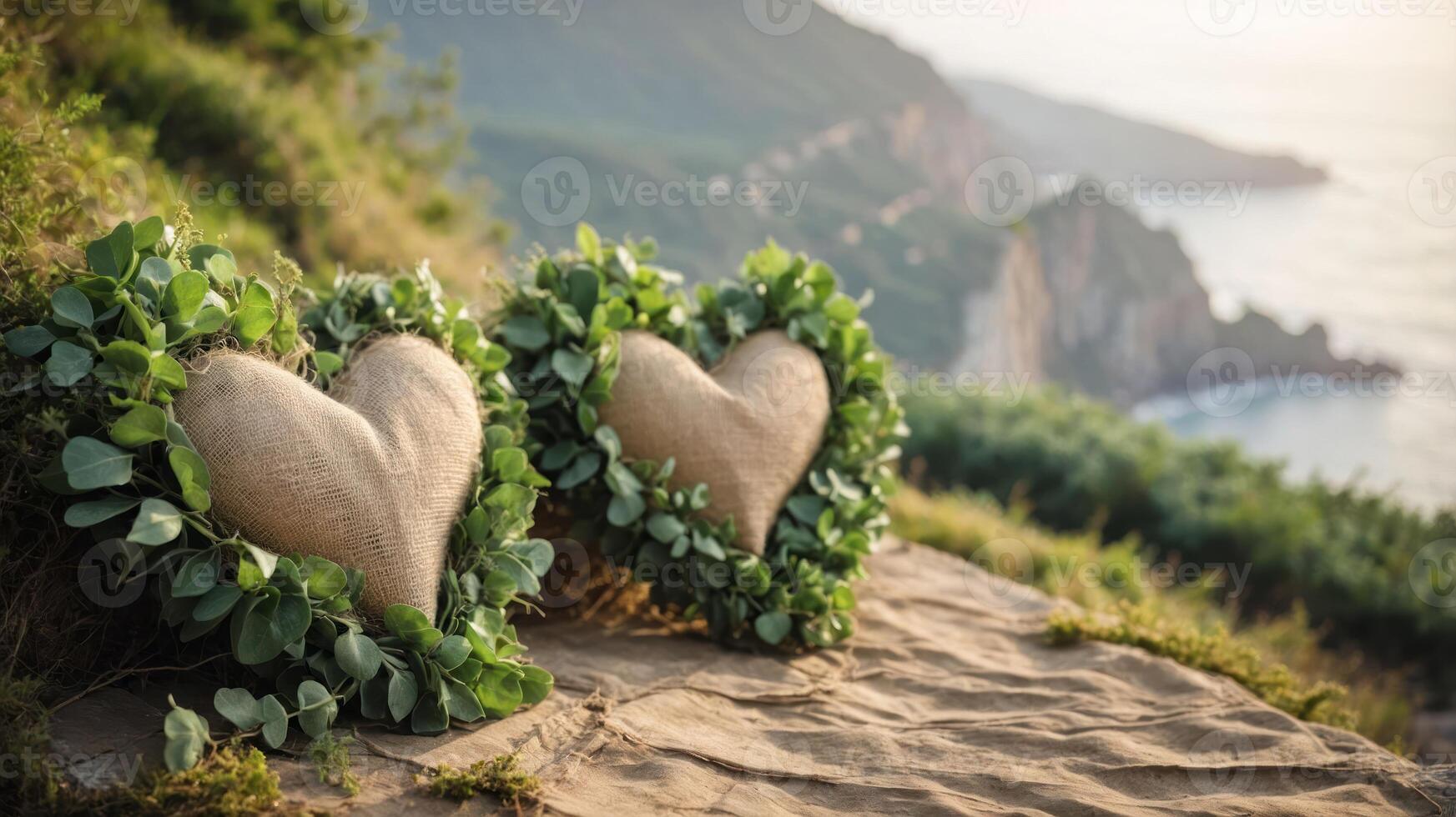 Two heart-shaped arrangements made of burlap and greenery on a scenic hillside. photo