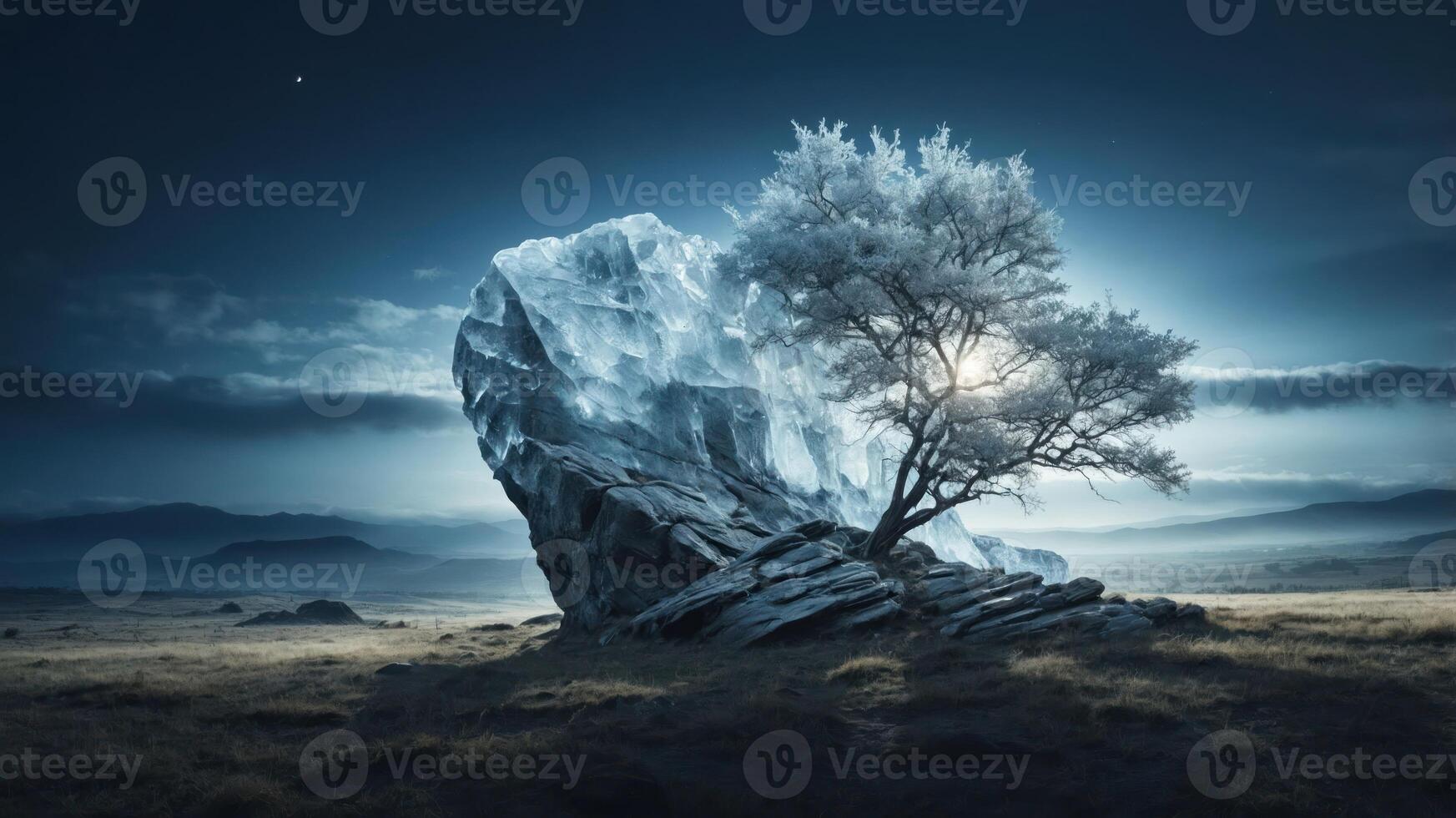 A solitary tree beside a large rock under a dramatic, moody sky. photo