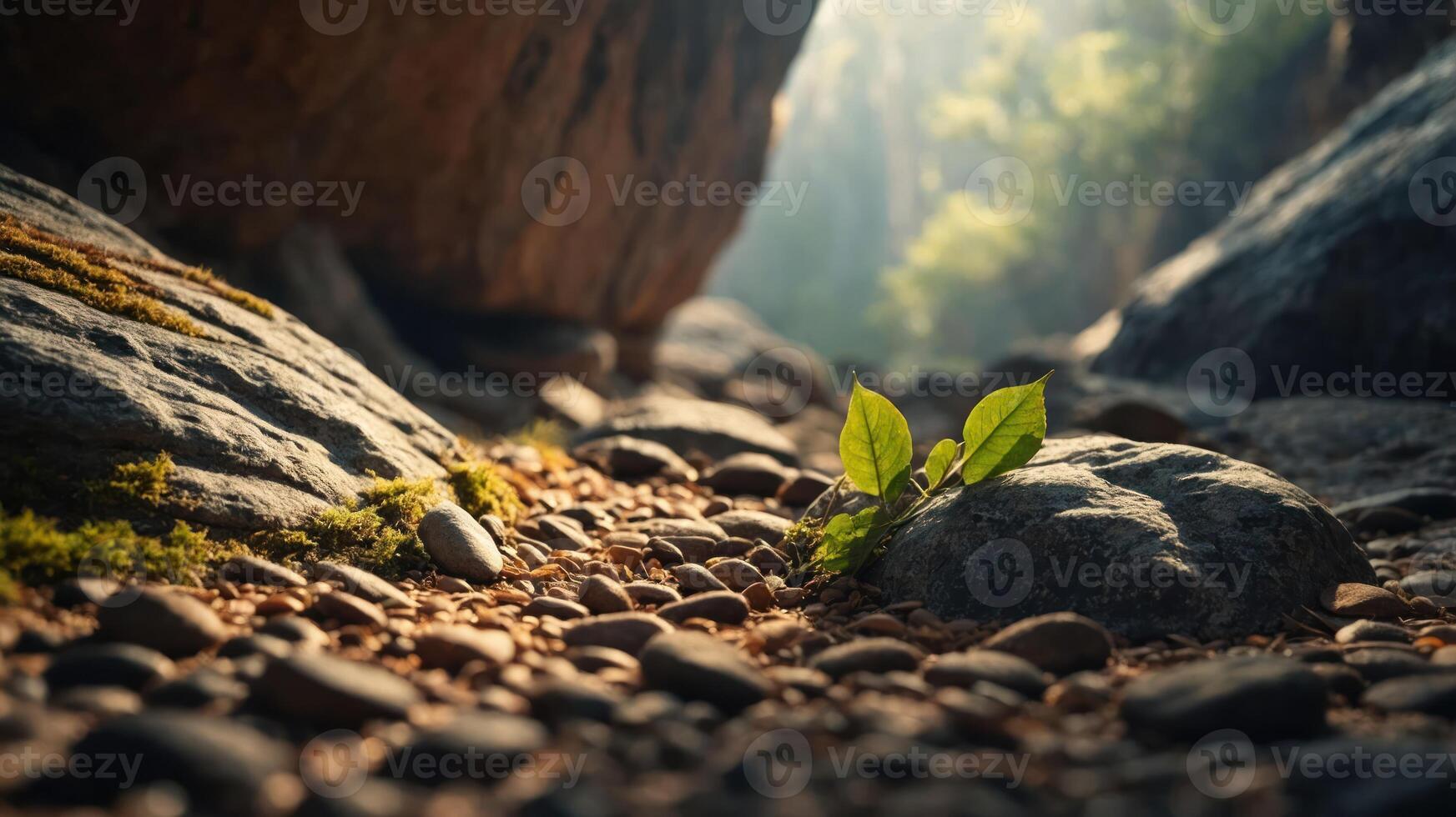 A serene forest scene with a sprouting plant among stones and soft lighting. photo