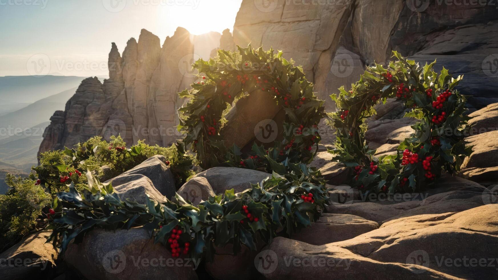Holiday wreaths adorned with red berries placed on rocky terrain with a scenic backdrop. photo