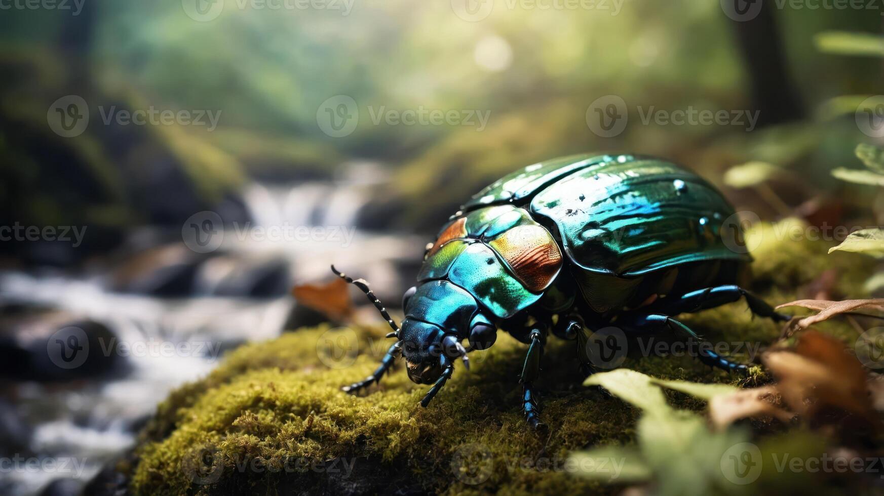 A vibrant beetle rests on moss near a flowing stream in a lush forest setting. photo