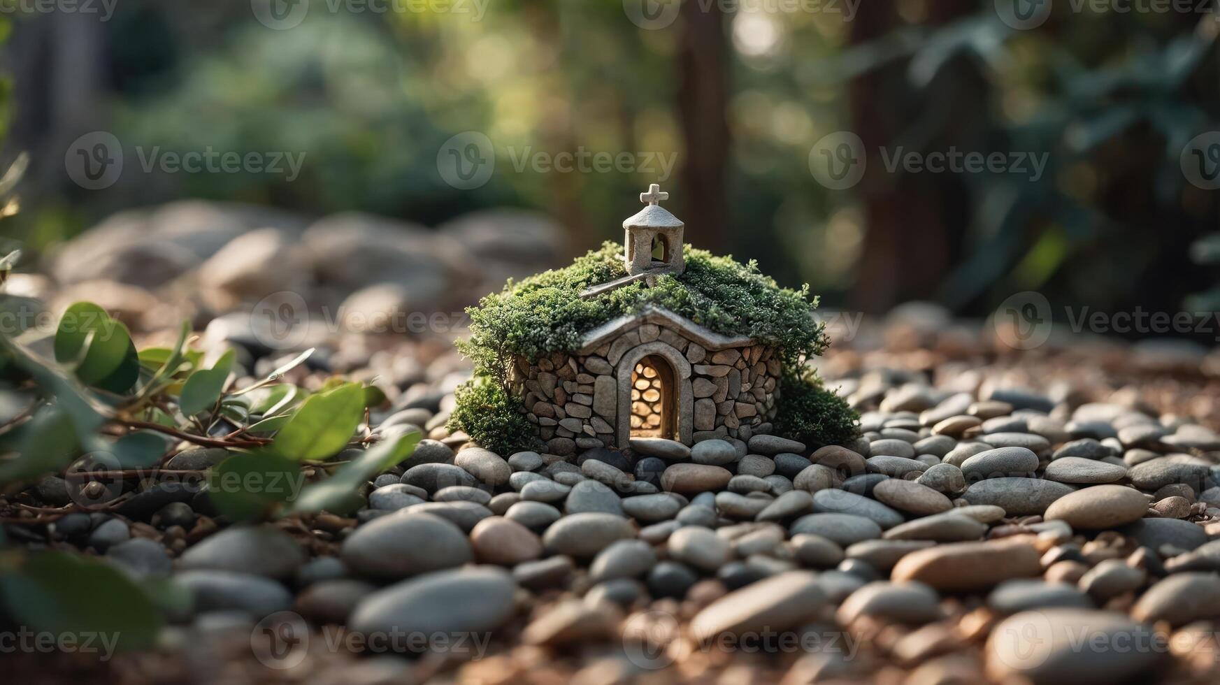 A miniature stone house covered in moss, nestled among pebbles in a serene outdoor setting. photo