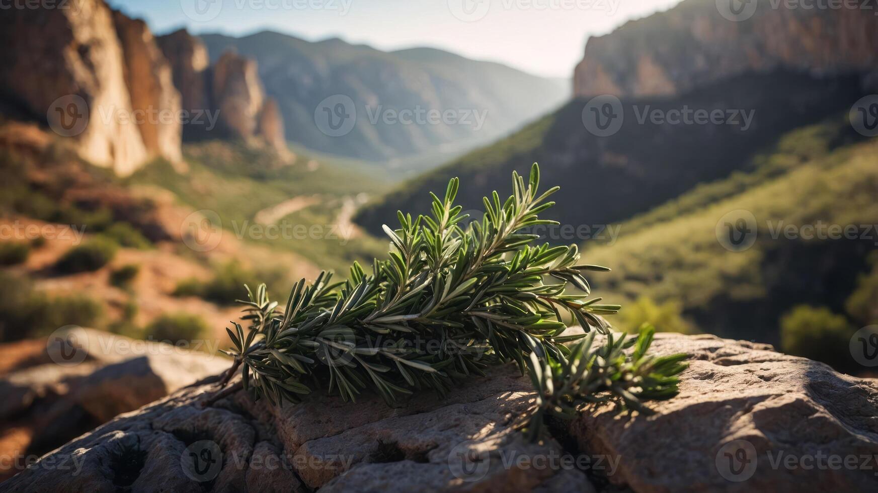 A sprig of rosemary rests on a rock, set against a scenic mountain landscape. photo