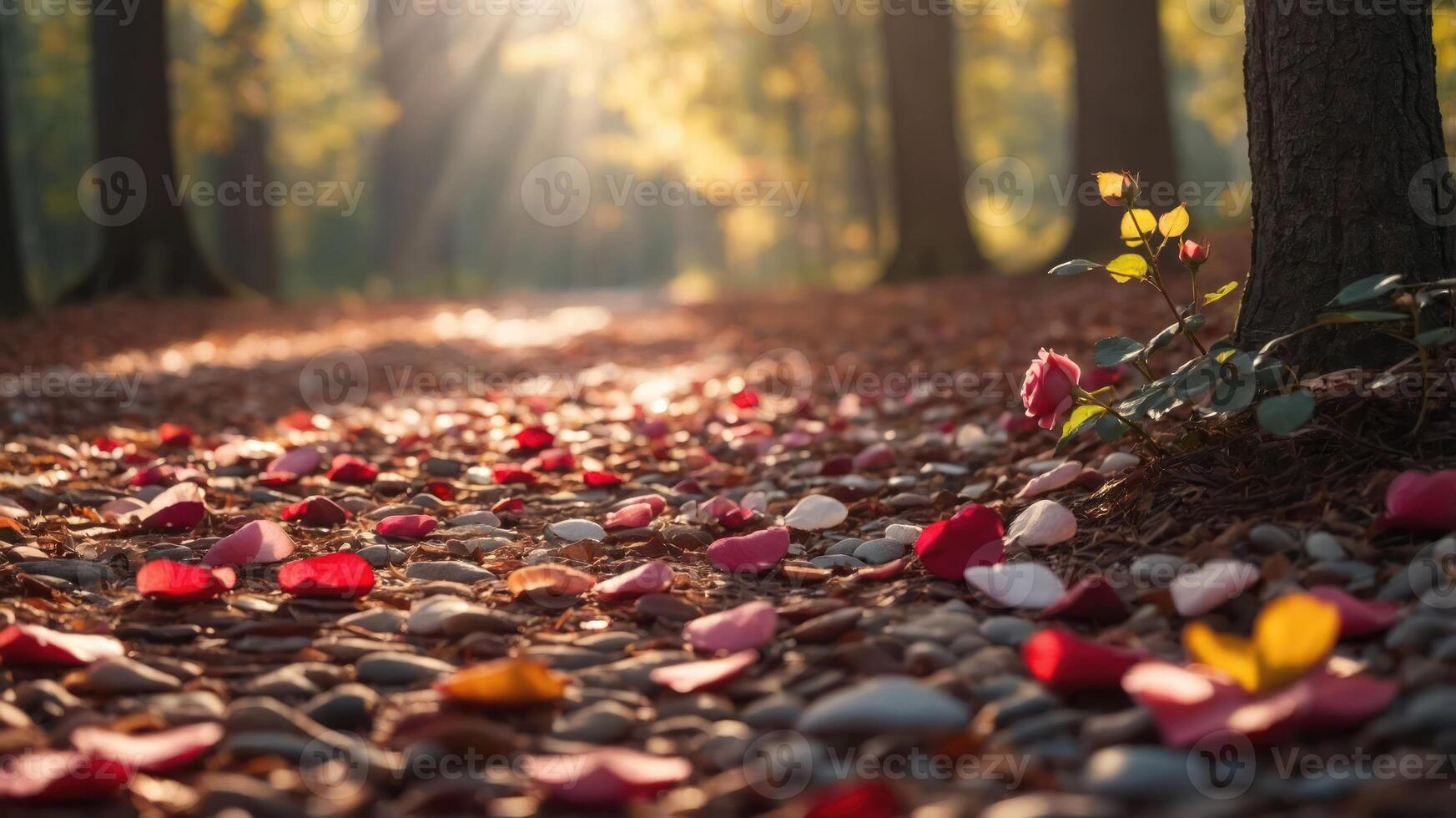 A serene forest path adorned with colorful flower petals, illuminated by soft sunlight. photo