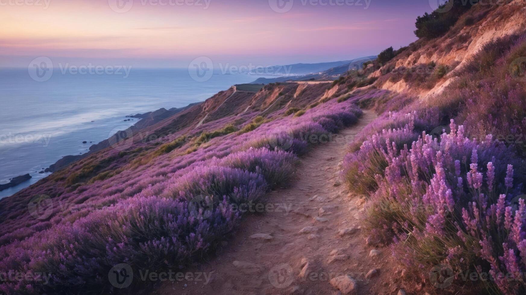 A serene coastal path lined with blooming lavender under a colorful sunset sky. photo