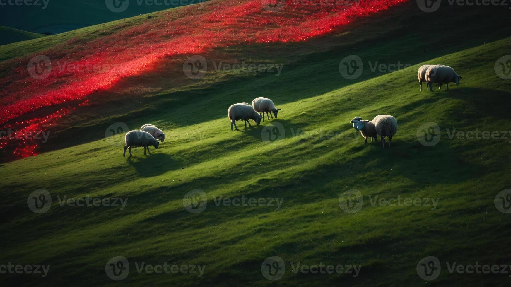 A serene landscape featuring sheep grazing on green hills with vibrant red flowers in the background. photo