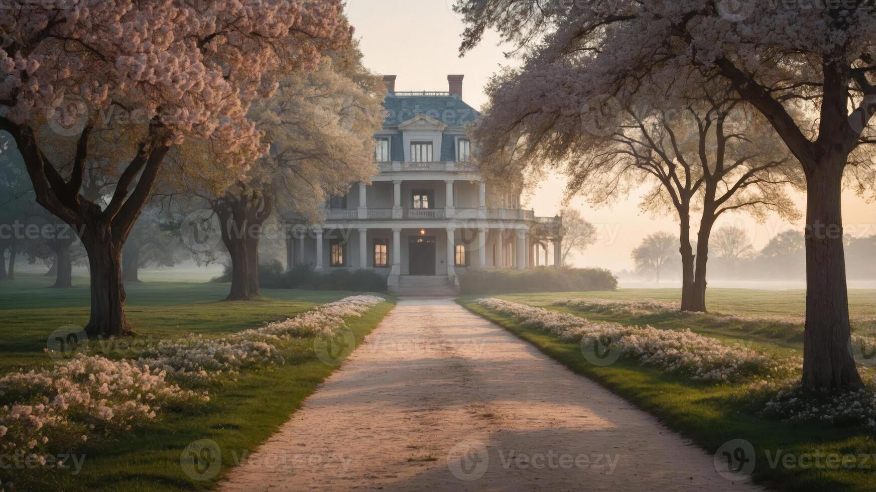 A grand mansion surrounded by blooming trees and a serene pathway at dawn. photo