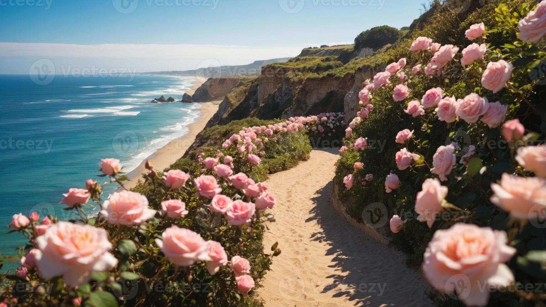 Scenic coastal path lined with blooming roses, leading to the ocean. photo