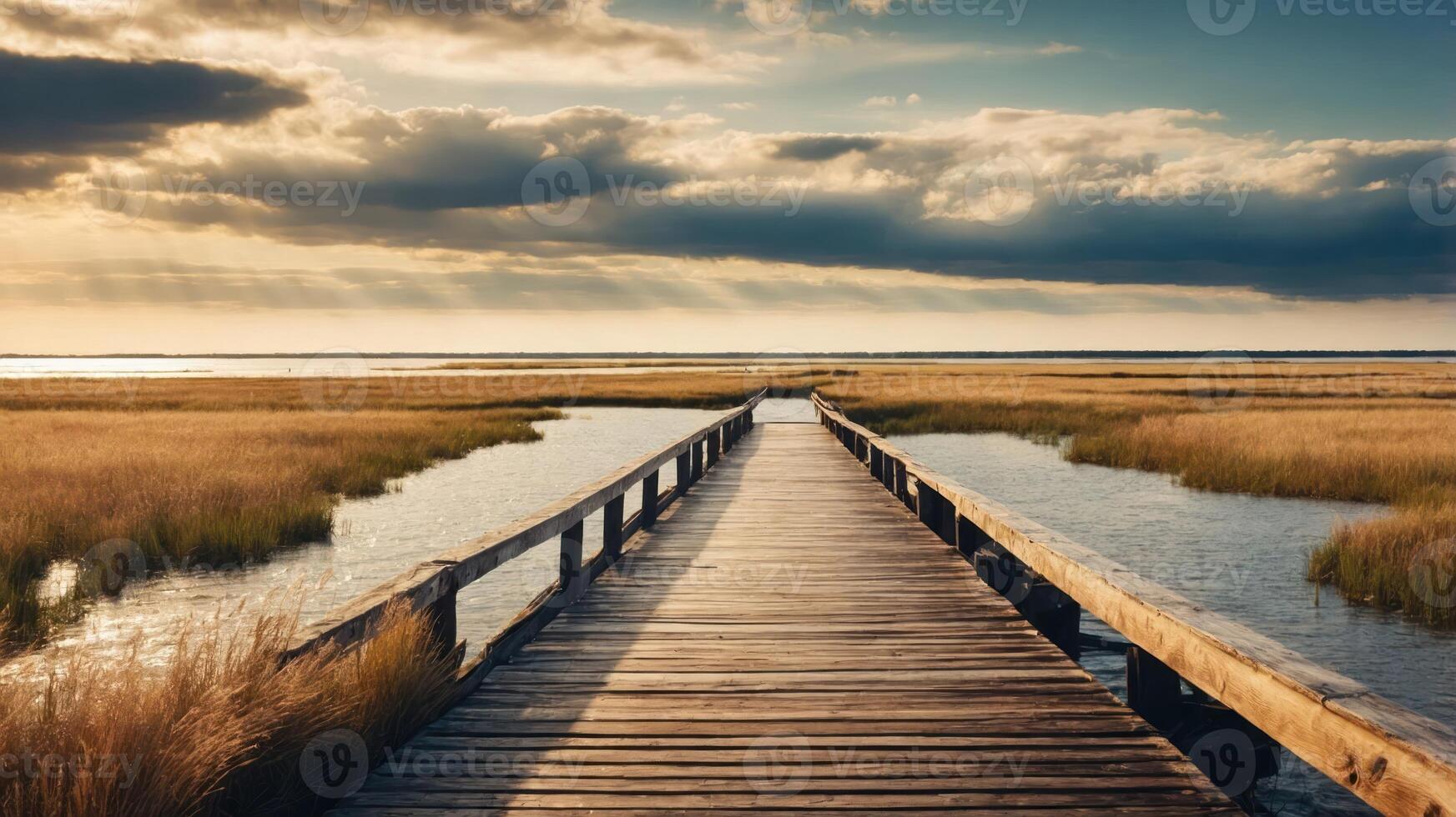 A wooden walkway leads through a serene landscape of grass and water under a dramatic sky. photo