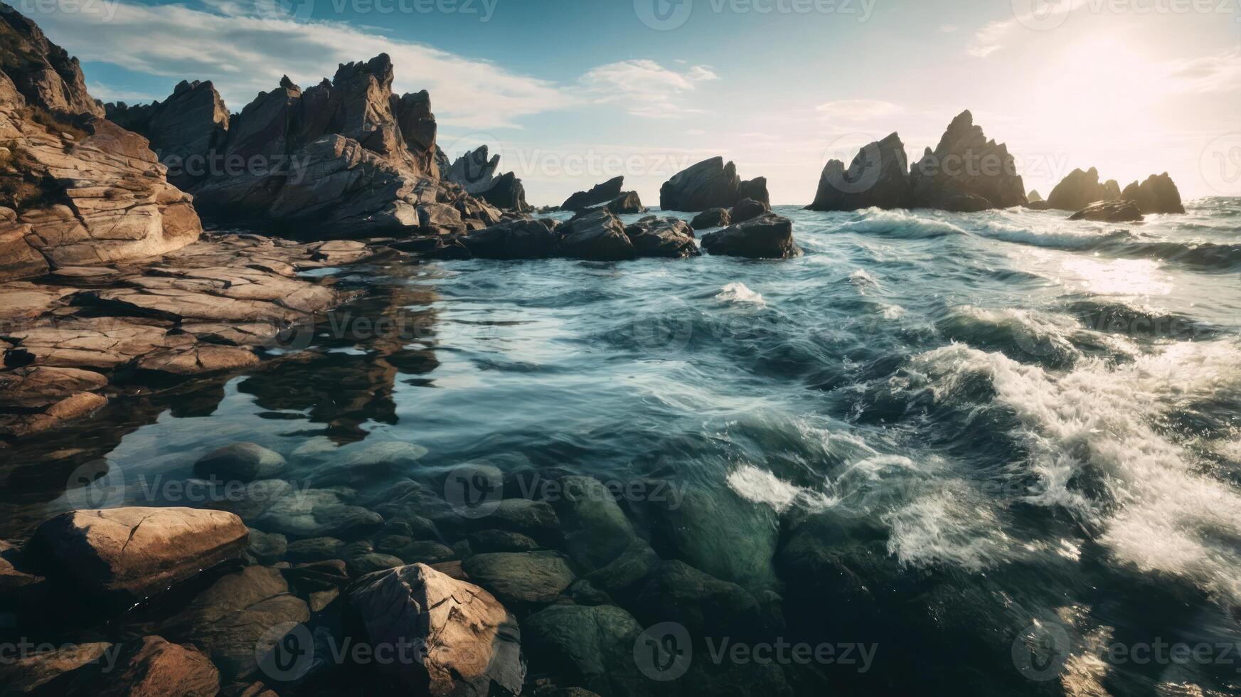 A scenic coastal view with rocky formations and waves under a blue sky. photo