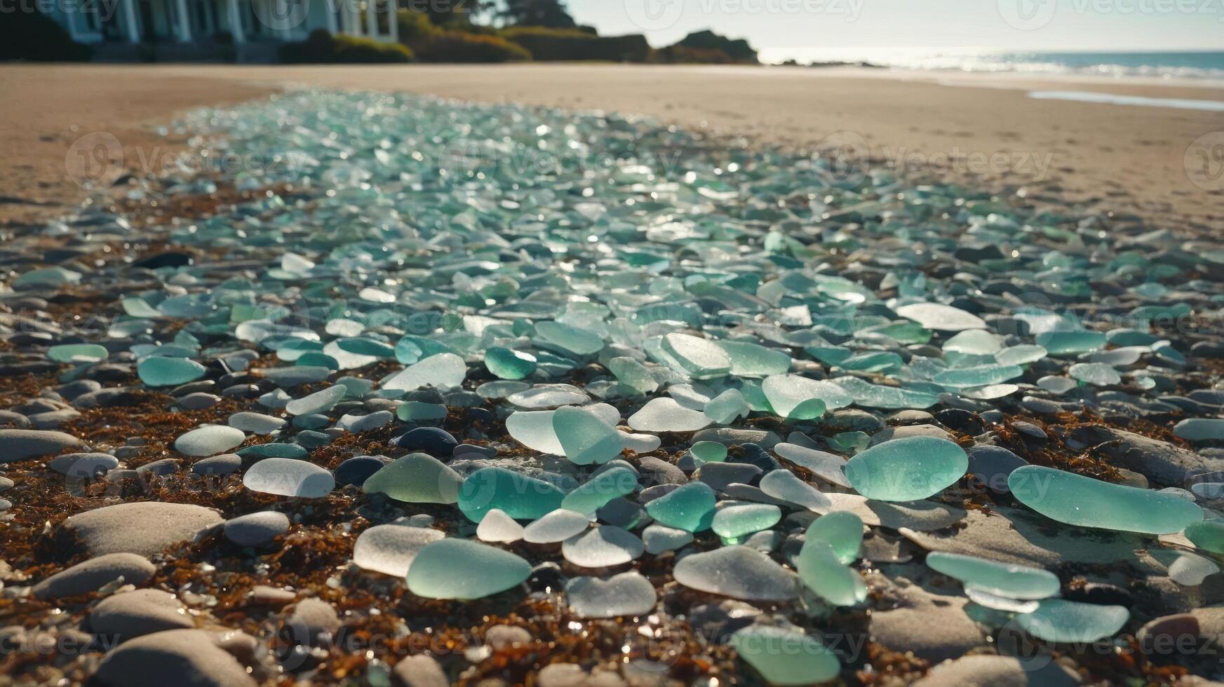 A close-up view of colorful sea glass scattered on a sandy beach with ocean waves in the background. photo