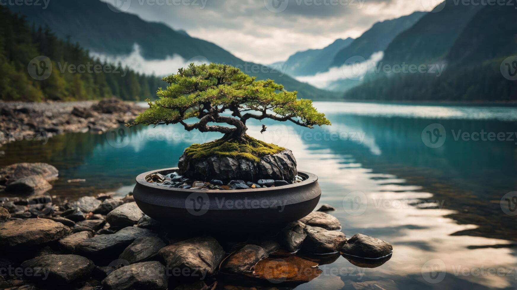 A serene bonsai tree on a rocky base by a tranquil lake surrounded by mountains. photo