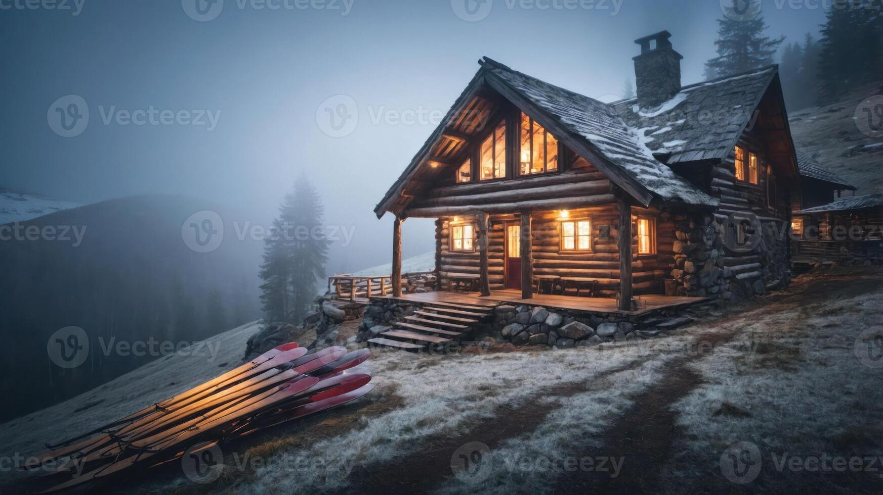 A cozy log cabin in a misty landscape, illuminated warmly at dusk. photo