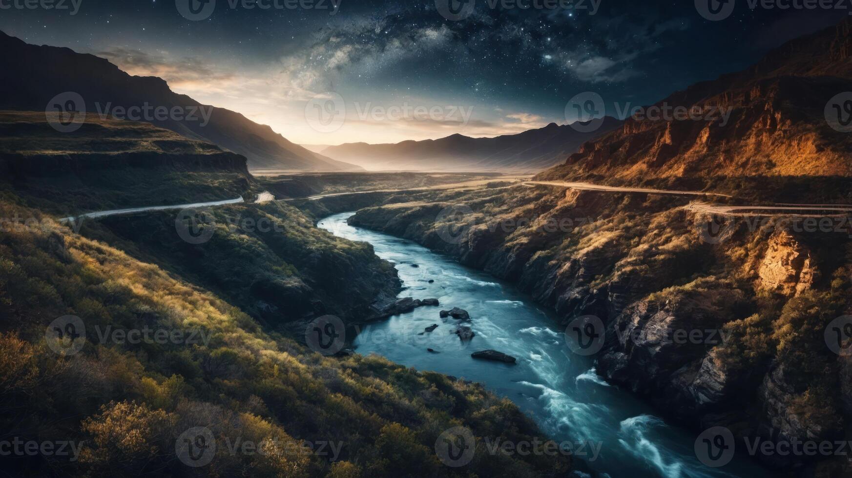 A serene river winding through a mountainous landscape under a starry sky. photo