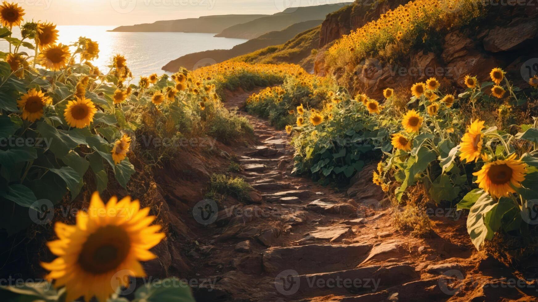 A scenic pathway lined with sunflowers leading to a coastal view at sunset. photo