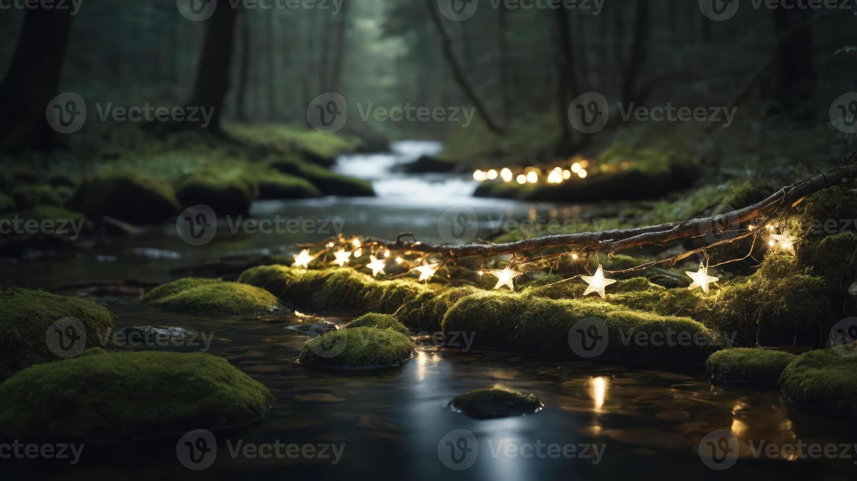 A serene forest stream adorned with glowing star-shaped lights on mossy stones. photo