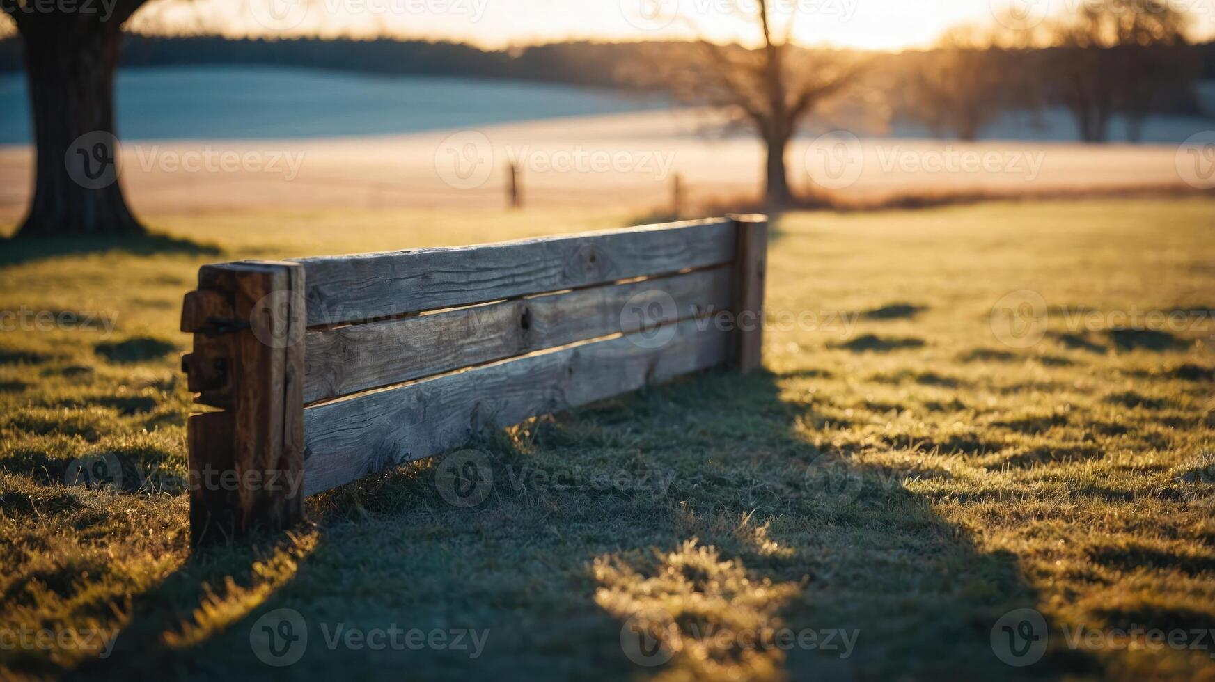 A rustic wooden bench in a tranquil field at sunrise, surrounded by nature. photo