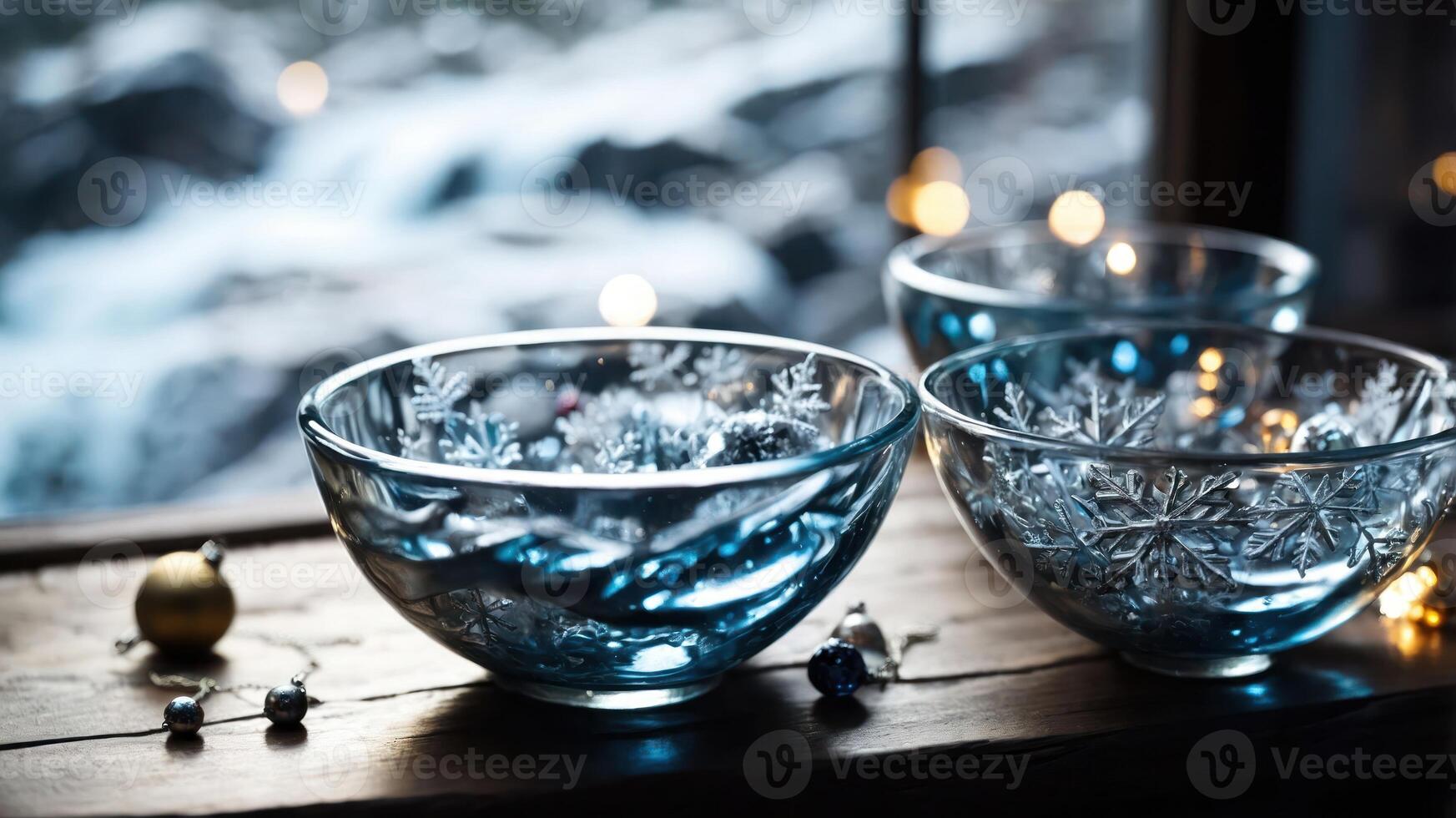 Three decorative glass bowls with snowflake patterns, set near a window with a natural backdrop. photo