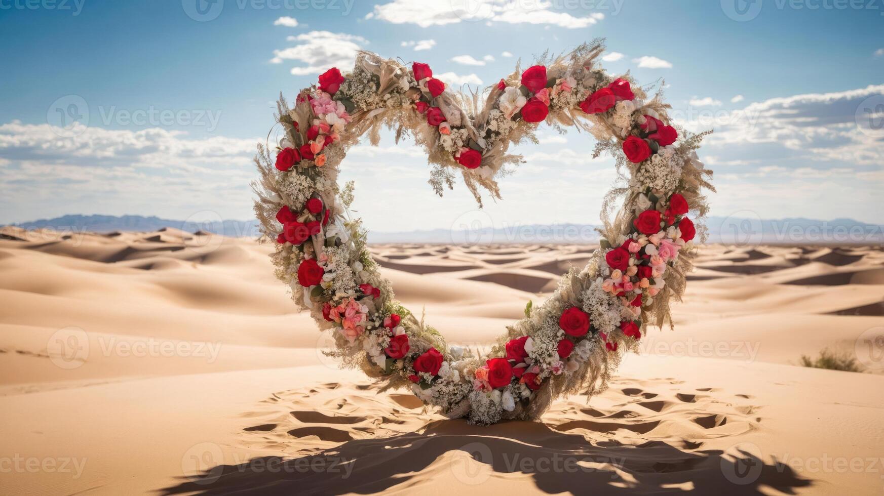 A heart-shaped floral arrangement set against a desert backdrop. photo