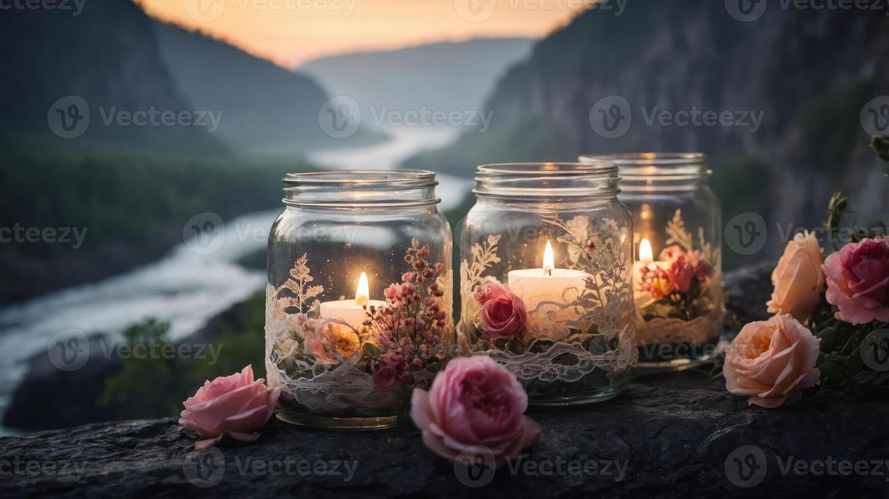 Tranquil scene with candles in jars and roses by a river at sunset. photo