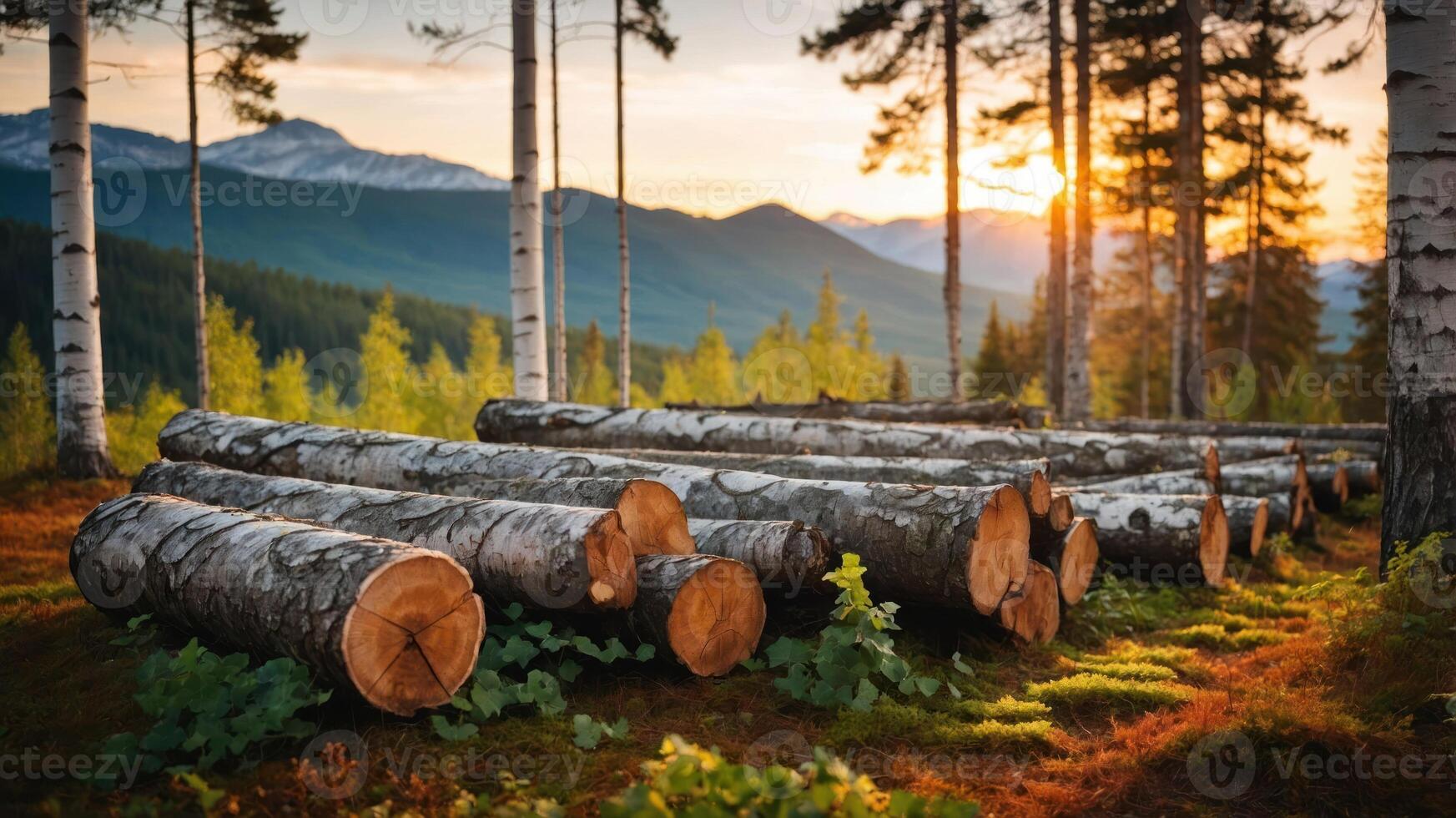 A serene forest scene with cut logs, sunlight filtering through trees, and mountains in the background. photo