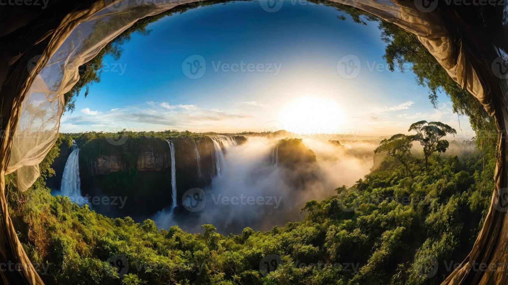 A panoramic view of a lush landscape featuring waterfalls and a sunrise. photo
