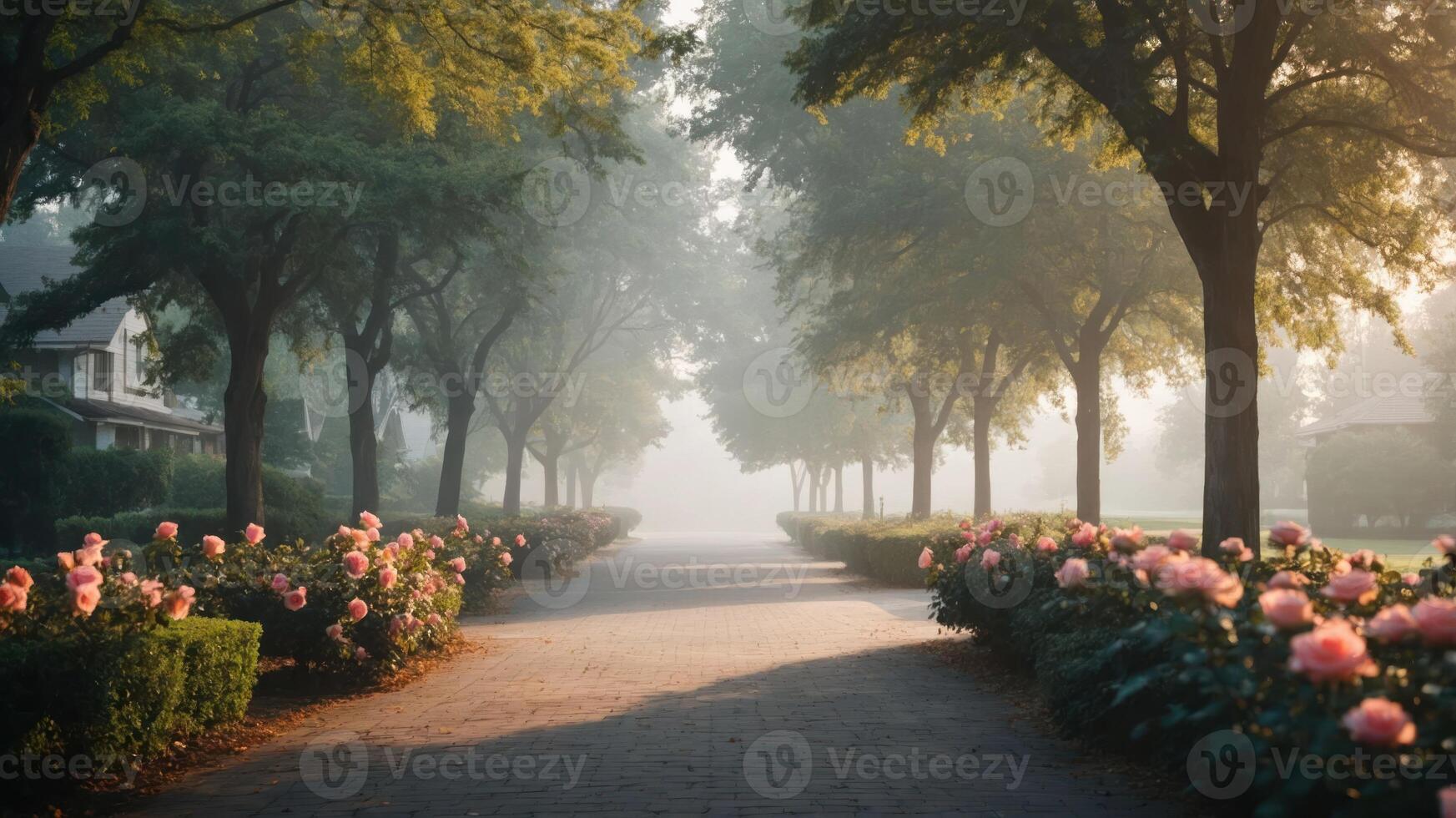 A serene pathway lined with trees and roses, shrouded in morning mist. photo