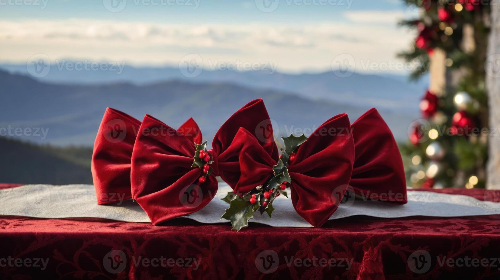 A festive table setting with red bows and holly against a mountain backdrop. photo
